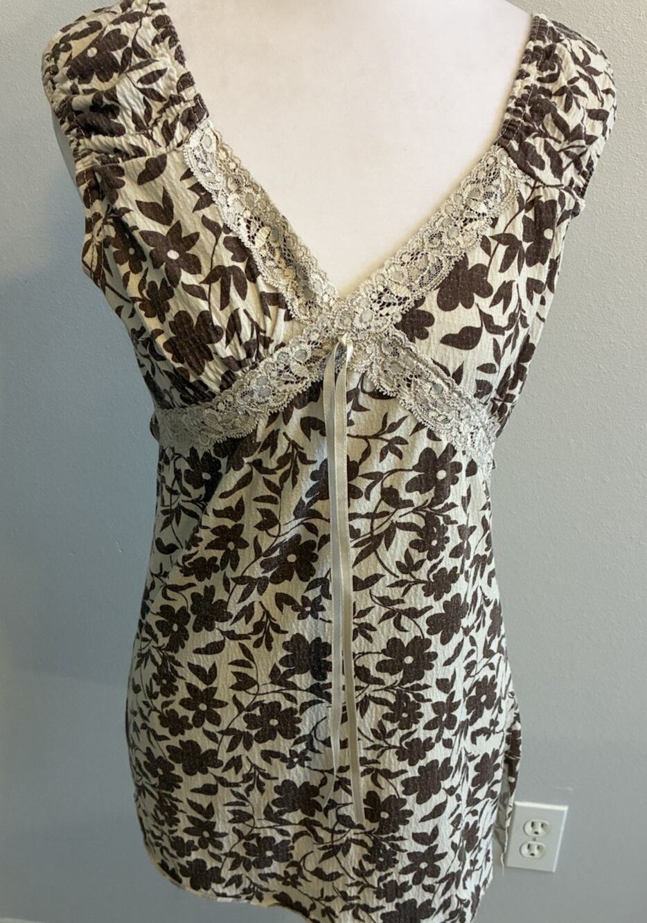 VTG babydoll brown floral crochet lace trim Tie Back Fairy Earthy Y2K 90s Boho S